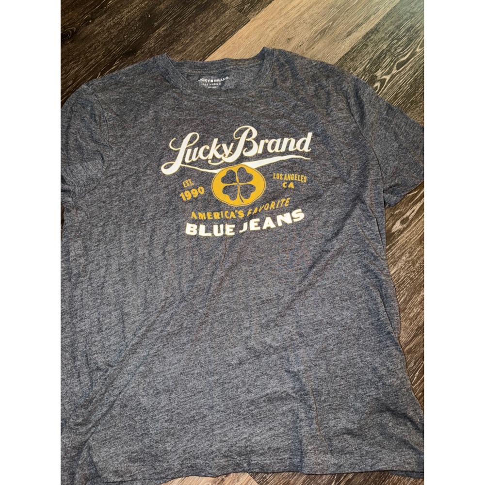 Lucky Brand‎ Mens Graphic T-Shirt Heather Grey Blue Jeans Clover Logo Large L